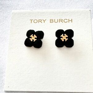 Tory Burch Babylon Logo Stud Earrings Black And Yellow Gold Colors. New!
